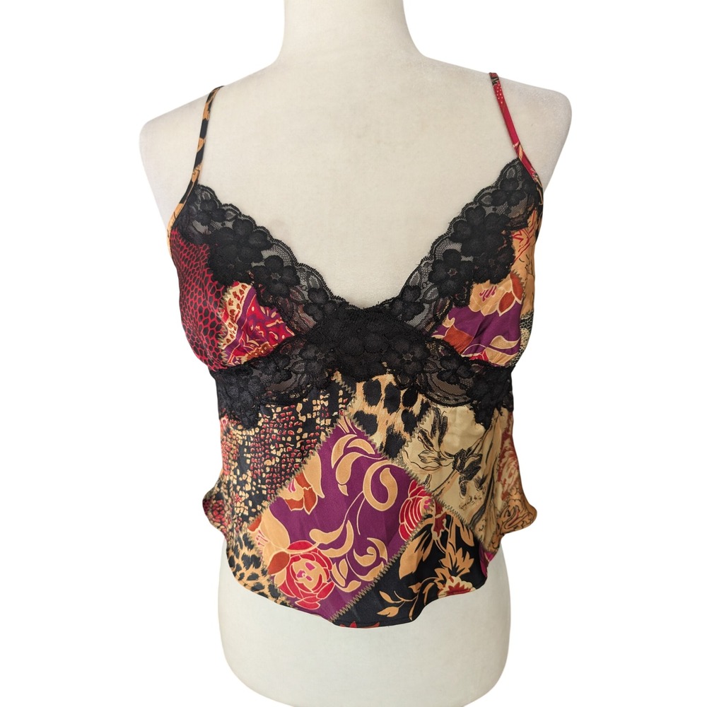 Fredericks of Hollywood Camisole Top M Patchwork Print Lace Trim Animal Floral